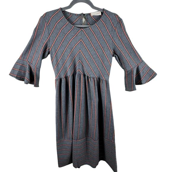 Raw Edge Boutique NWOT Striped 3/4 Bell Sleeve Round Neck Woven A-Line Dress S - Picture 2 of 9
